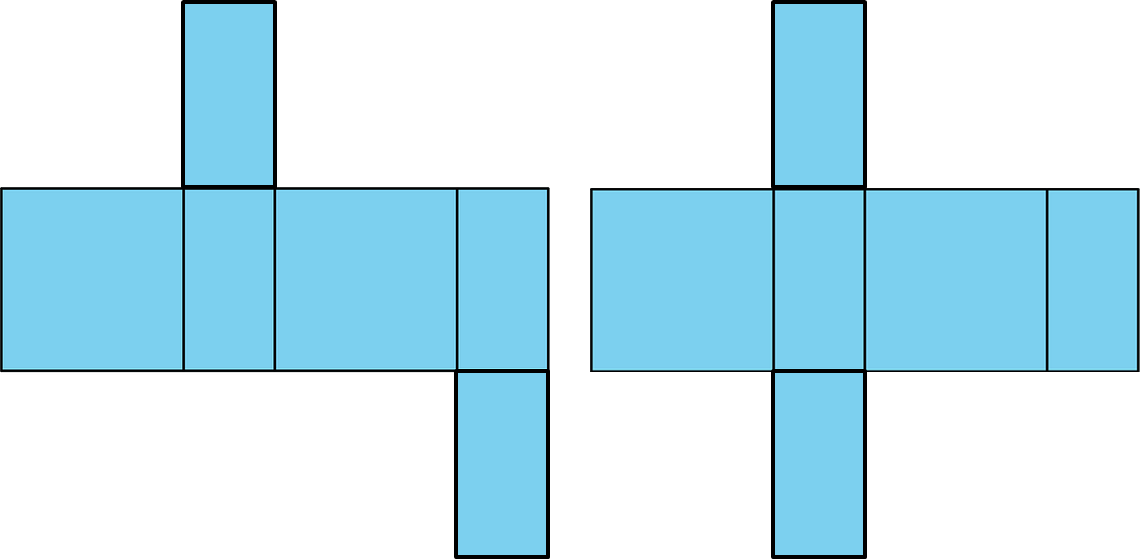 Two Nets of a Rectangular Prism - Surface Area of a Cube Answer to Practice Problem 4 - Illustrative Math Two nets. Left: 4 rectangles in a row with a rectangle above the 2nd rectangle, and another rectangle below the 4th rectangle, for a total of 6 rectangles. Right: 4 rectangles in a row with a rectangle above and below the 2nd rectangle, for a total of 6 rectangles.