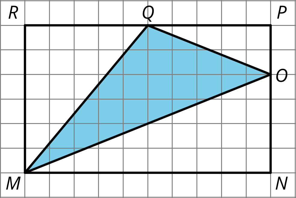 A triangle with vertices labeled M, Q, and P. Triangle MQP is enclosed in a rectangle MRPN. Sides MR and PN of the rectangle are six units high, and sides RP and MN of the rectangle are 10 units long. Vertex Q is five units across side RP, and vertex O is 2 units down on side PN.