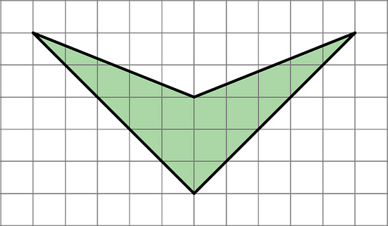 A four-sided shape on a grid, with two sides that drop 5 units as they cross 5 units and meet at a right angle, and two sides that drop two units as they cross 5 units.