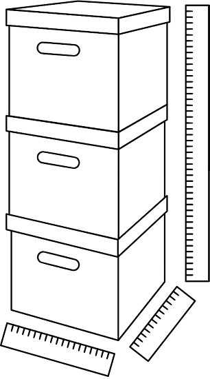 A sketch of a filing cabinet with 3 rulers measuring its height, length, and width, demonstrating that its volume is a three-dimensional attribute.