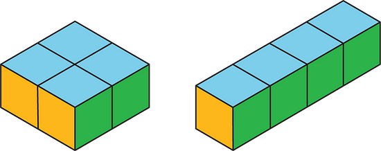 Two prisms made of cubes. One prism is 2 by 2 by 1 and the other prism is 4 by 1 by 1.