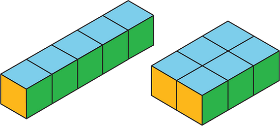 Two prisms made of cubes. One prism is 5 by 1 by 1 and the other prism is 2 by 3 by 1.