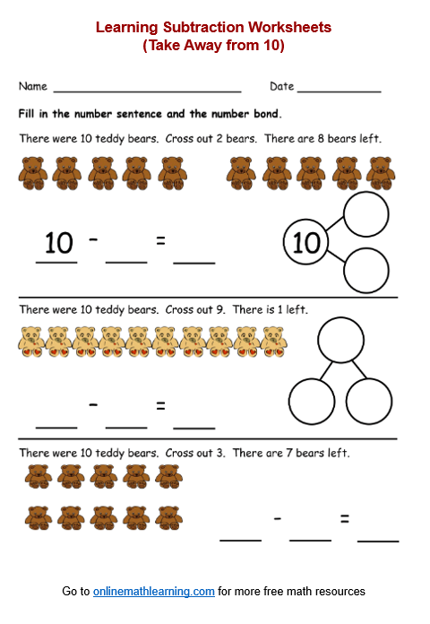Take Away from 10 worksheet for kindergarten