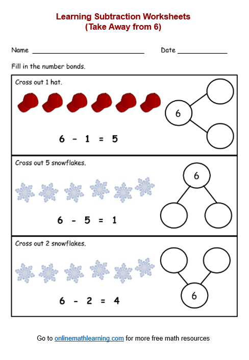 Take Away from 6 worksheet for kindergarten
