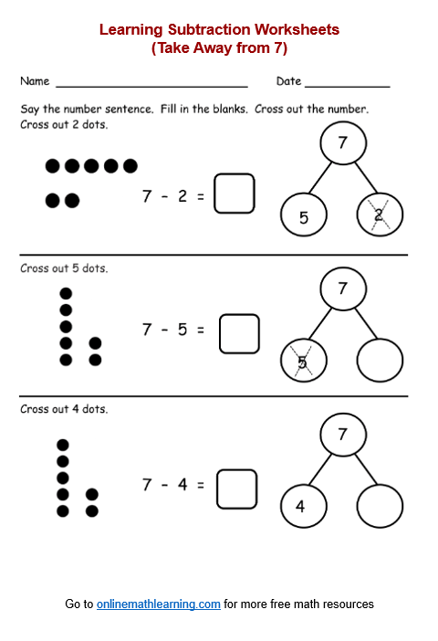 Take Away from 7 worksheet for kindergarten