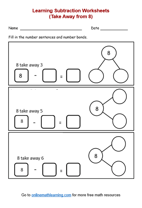 Take Away from 8 worksheet for kindergarten