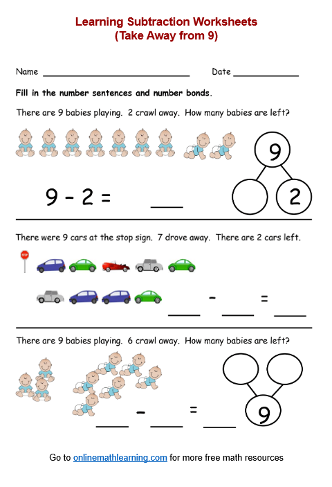 Take Away from 9 worksheet for kindergarten