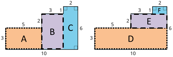 Two figures with a bottom of 10 units, a right side of six units, and a left side that rises 3 units, then goes across 5 units, then goes up another 2 units, then across another 3 units, then up another 1 unit, and across another 2 units to connect to the right side. All angles are right angles. These figures have been subdivided into rectangles to help in calculating the area.
