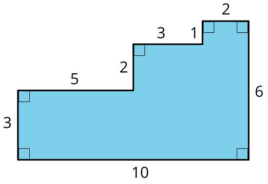 A figure with a bottom of 10 units, a right side of six units, and a left side that rises 3 units, then goes across 5 units, then goes up another 2 units, then across another 3 units, then up another 1 unit, and across another 2 units to connect to the right side. All angles are right angles.