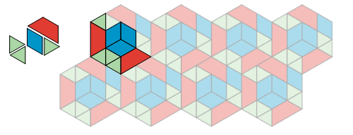 A pattern of blue rhombuses, red trapezoids, and green triangles.