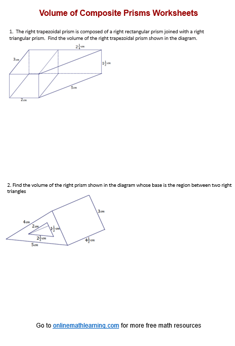 Volume of Composite Prism Worksheet