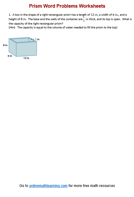 Volume of Prism Word Problems Worksheet