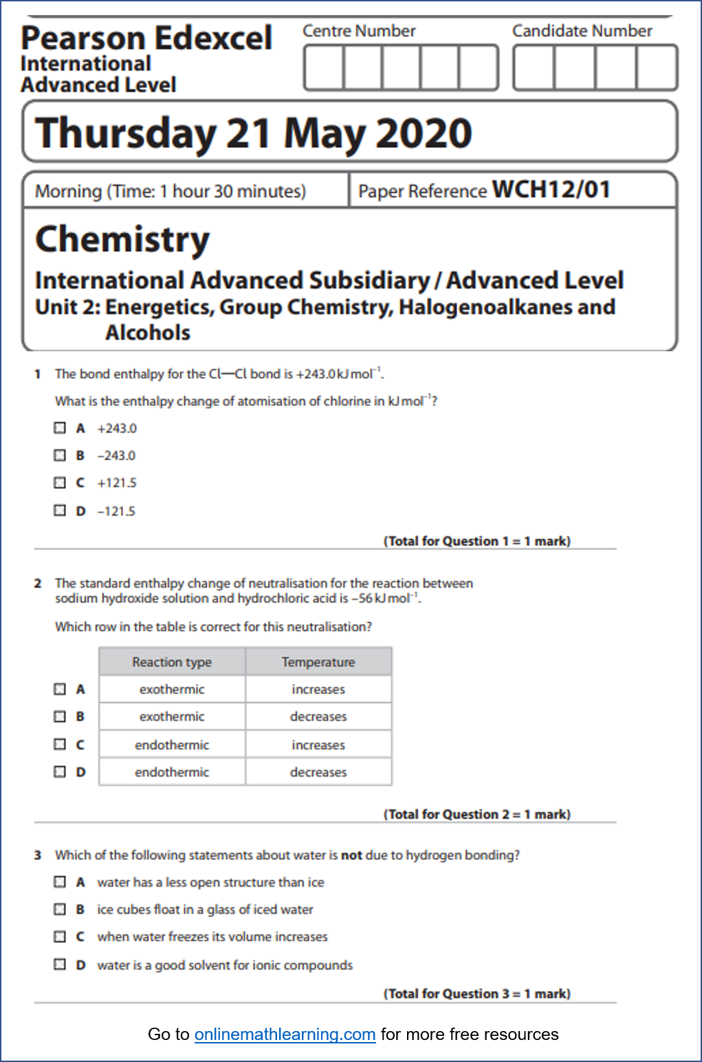 Chemistry WCH12 May 2020