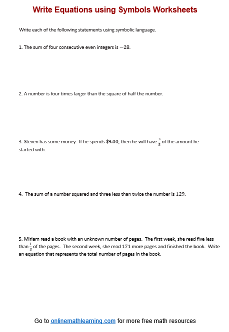 Write Equations Using Symbols Worksheet