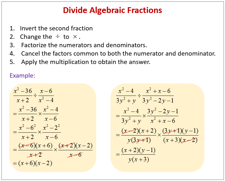 Dividing Algebraic Fractions solutions Examples Videos Worksheets 
